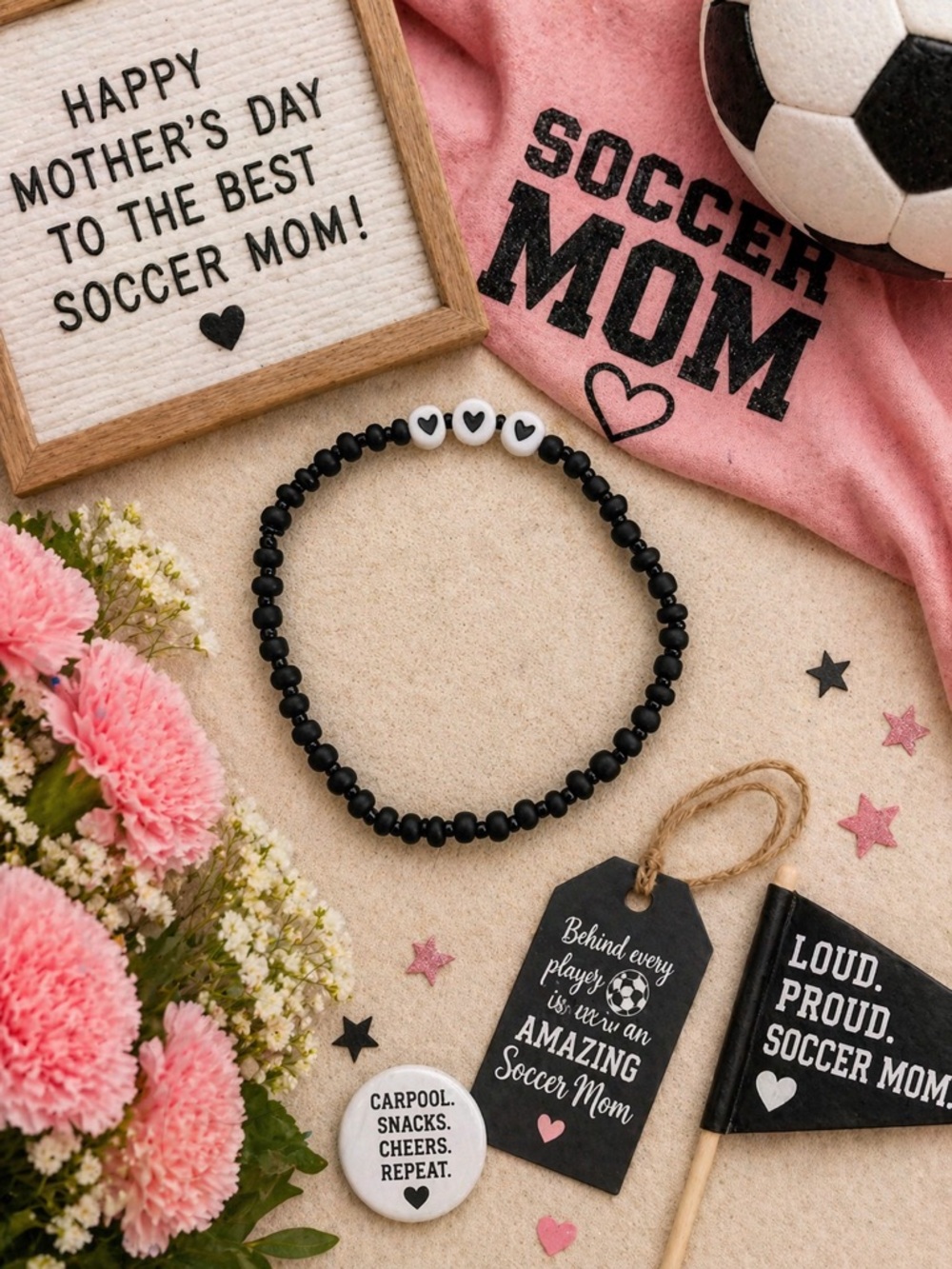 Soccer Mom Stretch Bracelet – 8” Black & White Beaded Mother’s Day Gift - Picture 2 of 3